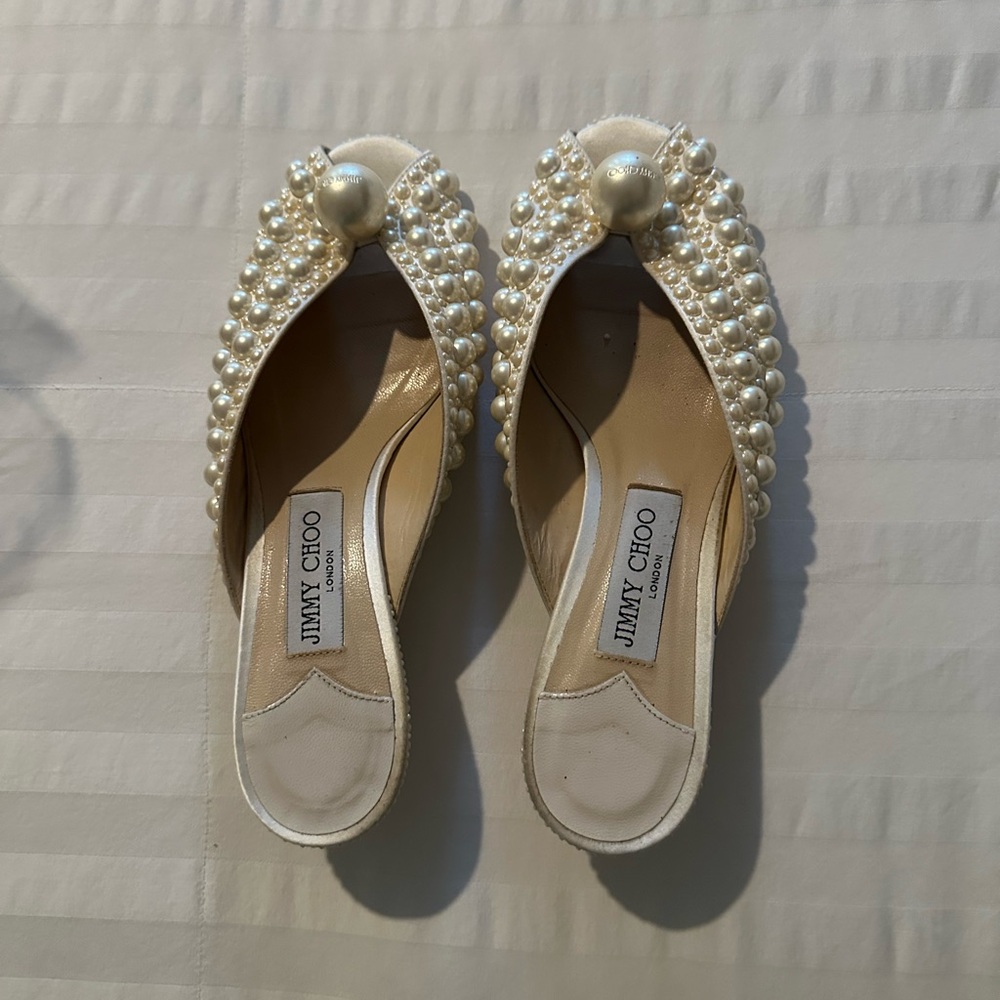Jimmy Choo Cream Mules with Pearl Embellishment